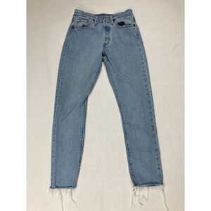 Levis 501 Blue Acid Wash Button Fly Cropped High Rise Denim Jean Womens 25 x 28